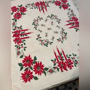 Vintage 1950/60s Christmas cotton blend tablecloth 51”x43”‎ poinsettias candles